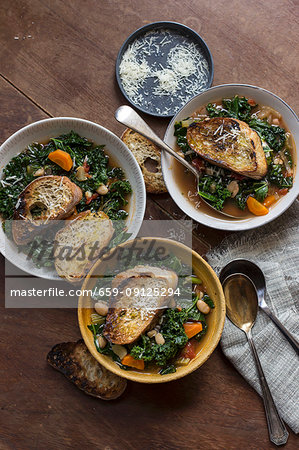 Ricollita soup with kale, carrot, tomatoes, parmesan and bread (Tuscany)