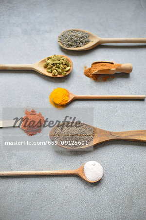 Spice on a spoon (lavender, cardamom, cinnamon, turmeric, capsicum, cumin, salt)