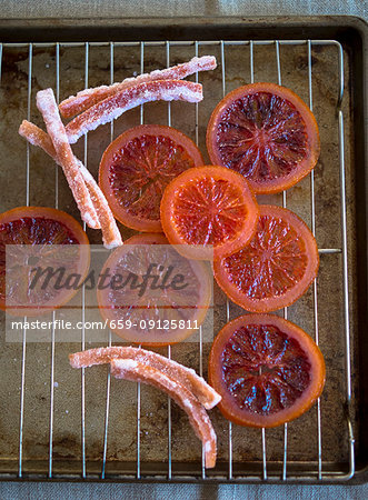 Blood orange slices and candied blood orange peel