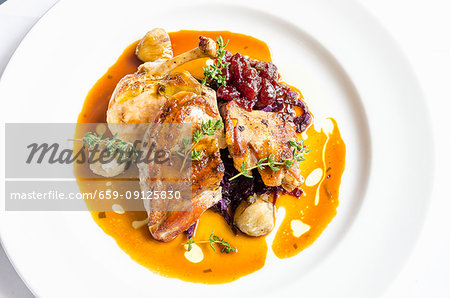 Confit of duck breast with cranberry sauce compote and cabbage in a red wine and juices sauce on a white plate