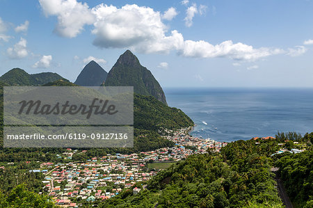 The town of Soufriere with the Pitons, UNESCO World Heritage Site, beyond, St. Lucia, Windward Islands, West Indies Caribbean, Central America