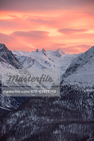 The Roseg Valley and its peaks during a fiery sunrise from Muottas Muragl, Samaden, canton of Graubünden, Engadine, Switzerland, Europe