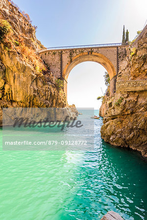 Fiord of Furore, Furore, Amalfi coast, Salerno, Campania, Italy. The beach and the bridge of Furore