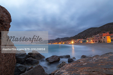 Cloudy dusk on Varigotti beach, Finale Ligure, Savona province, Liguria, Italy