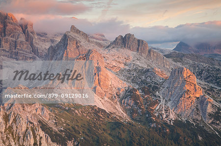 Piz Galin, Brenta Dolomites, Andalo, Adamello Brenta natural park, Trentino Alto Adige, Italy, Europe. View of Brenta group at sunrise