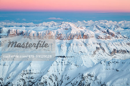 Sella group with Sass Pordoi and Piz Boè, aerial view, Dolomites, Alps, Belluno, Veneto, Italy Sella group with Sass Pordoi and Piz Boè, aerial view, Dolomites, Alps, Belluno, Veneto, Italy