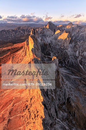 Aerial view of the rocky peaks of Roda Di Vael at sunset, Catinaccio Group (Rosengarten), Dolomites, South Tyrol, Italy Aerial view of the rocky peaks of Roda Di Vael at sunset, Catinaccio Group (Rosengarten), Dolomites, South Tyrol, Italy