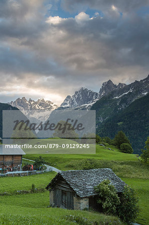 Clouds at dawn, Soglio, Bregaglia Valley, Maloja Region, Canton of Graubunden, Switzerland