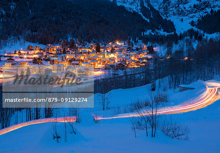 Alpine village of Fraciscio at dusk, Campodolcino, Chiavenna Valley, province of Sondrio, Valtellina, Lombardy, Italy