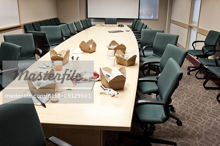 Conference room table with take out lunches