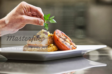 Close-up of a chef's hands adding a garnish to a salmon dinner plate.