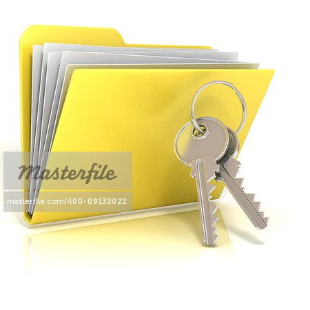 Keys and folder icon. 3D render illustration, isolated on white background