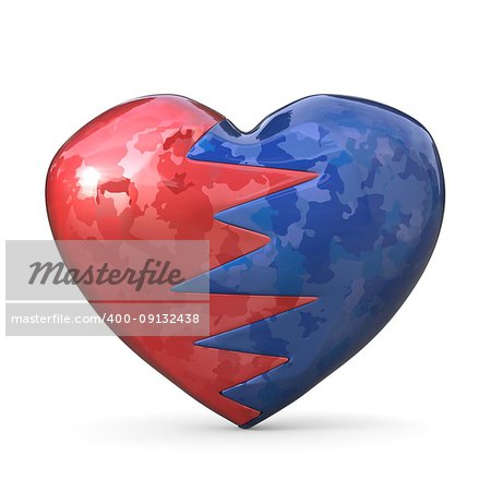 Broken heart, two pieces, red and blue one. 3D render illustration isolated on white background