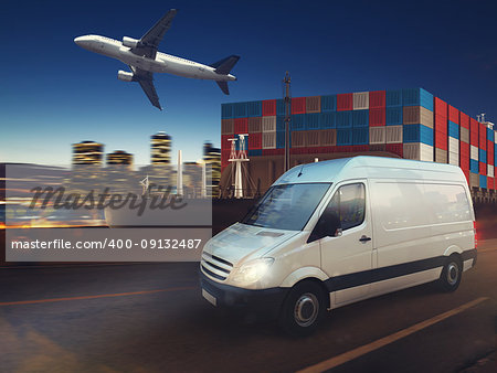 Van, aircraft and cargo ship in a deposit ready to start to deliver. 3D Rendering