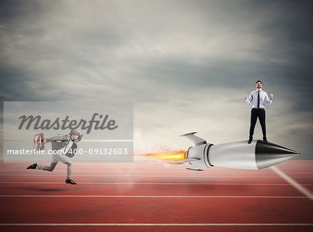 Winner businessman over a fast rocket against competitor. Concept of business competition