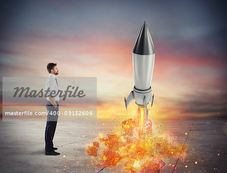 Startup of a new company of a businessman with starting rocket. Concept of business growth