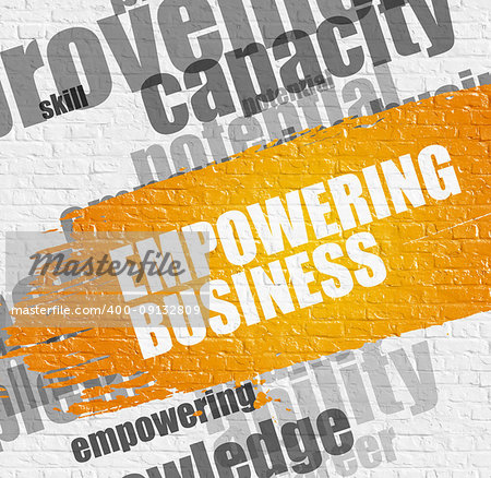 Education Concept: Empowering Business Modern Style Illustration on Yellow Grunge Paint Stripe. Empowering Business - on the Brickwall with Word Cloud Around. Modern Illustration.