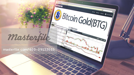 Modern Workplace with Ultrabook showing Web Page with Cryptocurrency Market of Bitcoin Gold - BTG. Tinted Image with Selective Focus. 3D Illustration .