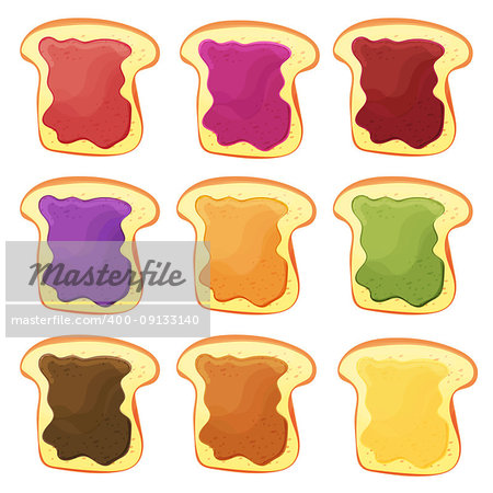 A set of nine sweet sandwiches with chocolate, banana jelly, peanut butter, berries jelly