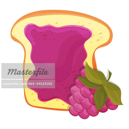 Raspberry jam on toast with jelly. Made in cartoon style. Healthy nutrition.