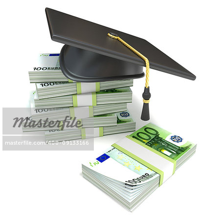 Education concept. Graduation cap on stack of euro bills. 3D rendering illustration isolated on white background.