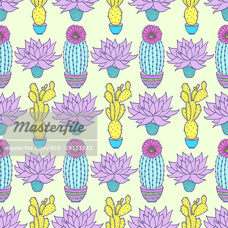 Seamless pattern with colorful hand drawn cactuses.Vector illustration.