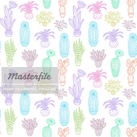 Seamless pattern with colorful hand drawn houseplant on white background.