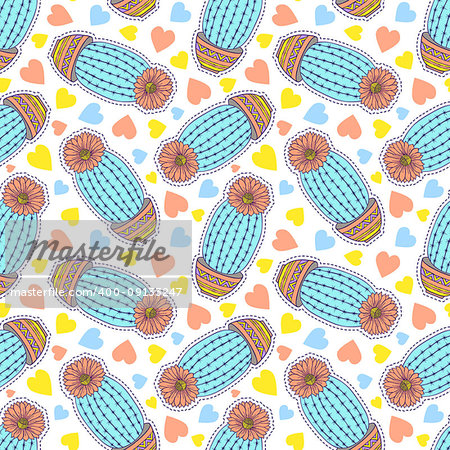 Seamless pattern with colorful hand drawn cactuses and hearts on white background.