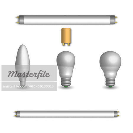 Set of various photorealistic light-emitting diode and fluorescent light bulbs. Elements for the design of electrical components. 3d style, vector illustration.