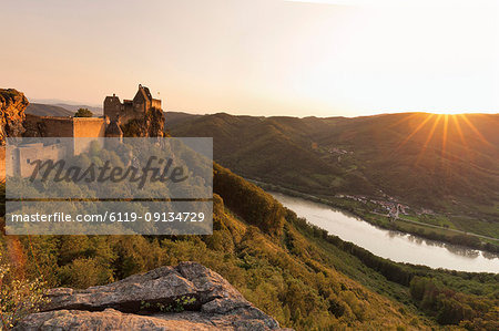 Aggstein Castle ruin on Danube River at sunset, Cultural Landscape Wachau, UNESCO World Heritage Site, Austria, Europe