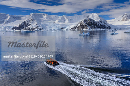 Early morning on a gorgeous day, elevated view of zodiac boat in Neko Harbour, Andvord Bay, Antarctic Continent, Antarctica, Polar Regions