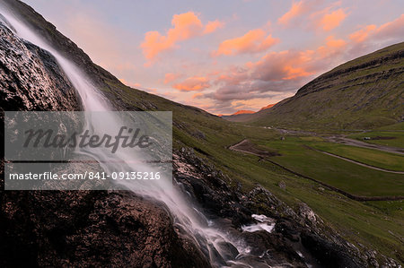 Waterfall at sunset, Saksun, Streymoy Island, Faroe Islands, Denmark, Europe
