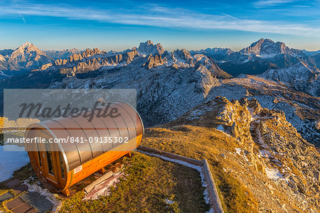 Antelao, Pelmo and Civetta at sunset from Lagazuoi mountain hut, Dolomites, Veneto, Italy, Europe