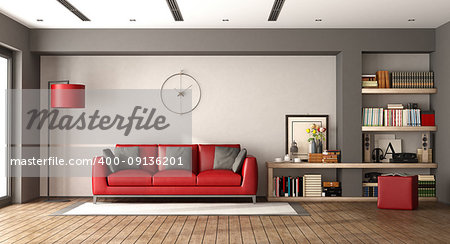 Modern living room with red sofa and wooden bookcase - 3d rendering