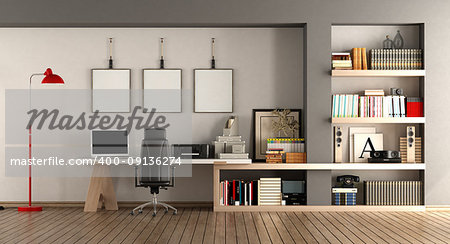 Modern home workplace with desk and bookcase - 3d rendering