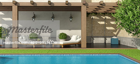 Luxury garden with pergola and swimming pool - 3d rendering