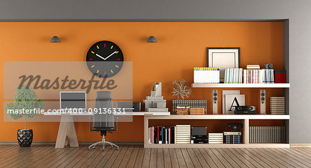 Modern home workplace with desk , bookcase and orange wall - 3d rendering