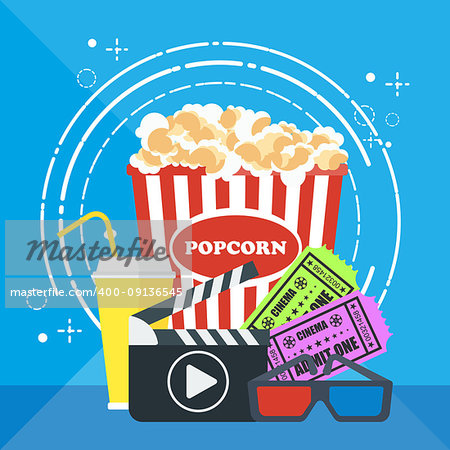 Cinema concept poster template with popcorn bowl, film strip and tickets, realistic detailed vector illustration