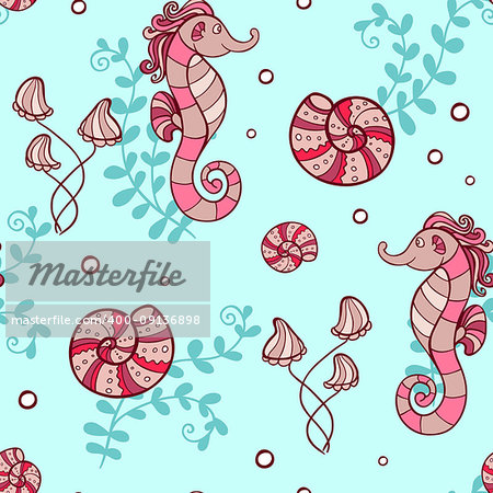 Marine seamless pattern with sea horses and shells on a green background. Hand drawn vector illustration.