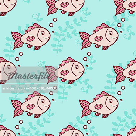 Marine seamless pattern with fish and air bubbles on a green background. Hand drawn vector illustration.