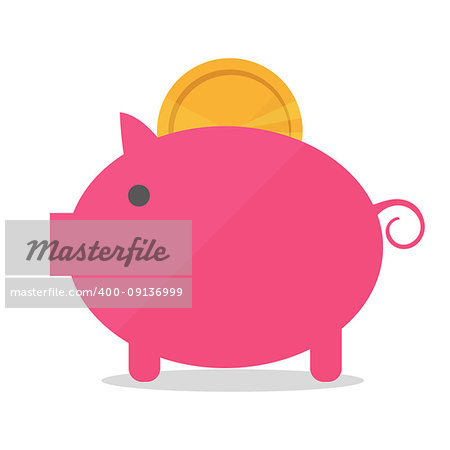 Pig piggy bank with coin vector illustration in flat style. The concept of saving or save money or open a bank deposit. The idea of an icon of investments in the form of a toy pig piggy bank