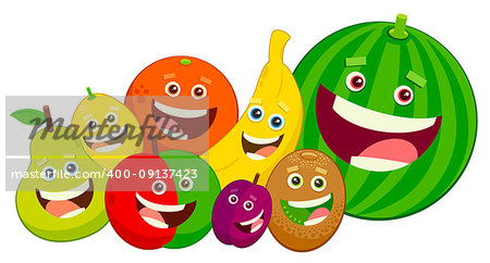 Cartoon Illustration of Fruits Food Object Characters Group