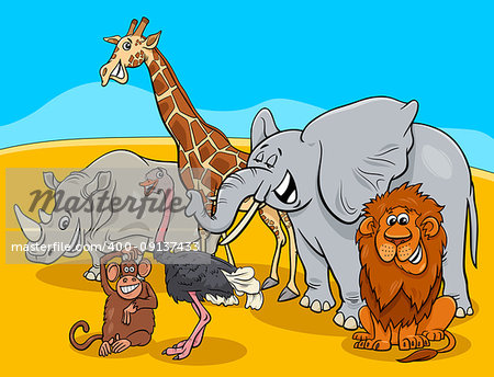 Cartoon Illustration of Wild Safari Animal Characters Group