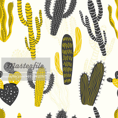 Mustard and Charcoal coloured cactus and succulent plants in different shapes, seamless pattern. Vector illustration