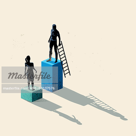 A man and women seperated by height. Gender issues in business including equal rights and pay gaps. Conceptual vecor illustration.