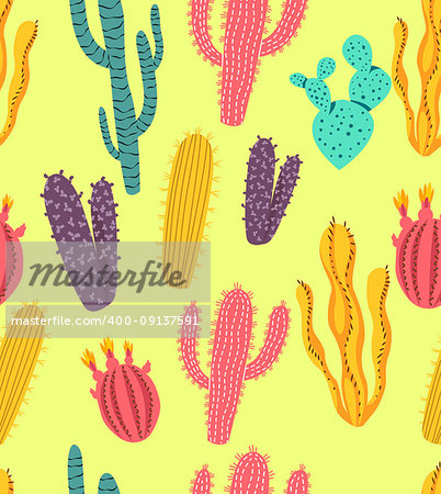 Seamless colorful cactus and succulent plants in different shapes. Vector illustration