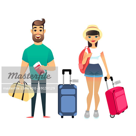 Travelling people waiting for airplane or train. Cartoon man and woman traveling together. Young cartoon couple go on vacation with suitcases and bags. Man holds Tickets and passports, girl holds backpack. Happy newlyweds leave on the sea resort