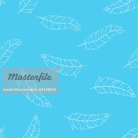 Vector seamless pattern with whire hand drawn feathers on blue background