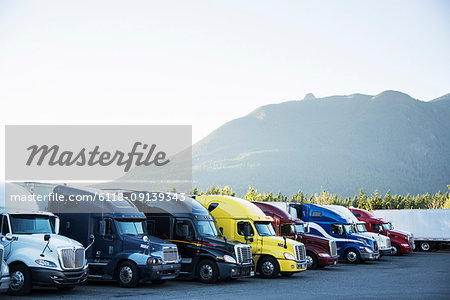 Trucks in the parking lot of a truck stop near Seattle, Washington, USA