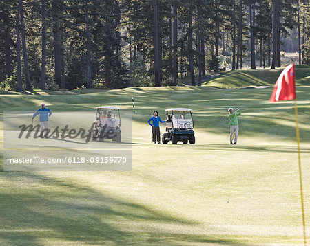 Two senior couples playing golf on a golf course.